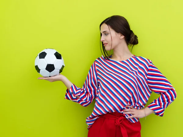 Portrait Young European Woman Holding Soccer Ball Her Palm Happy — Stock Photo, Image