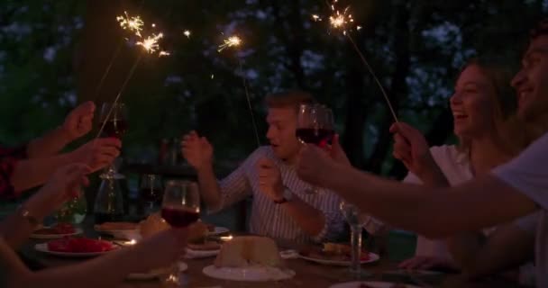 Concetto di amicizia giovanile - Le mani tostare bicchiere di vino rosso accanto al fiume durante la notte — Video Stock