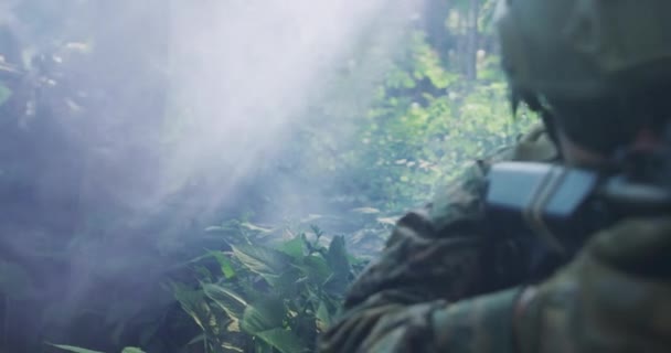 Silhouette des voll ausgerüsteten Soldaten, der sich durch den verrauchten Wald bewegt. Militärische Maßnahmen — Stockvideo