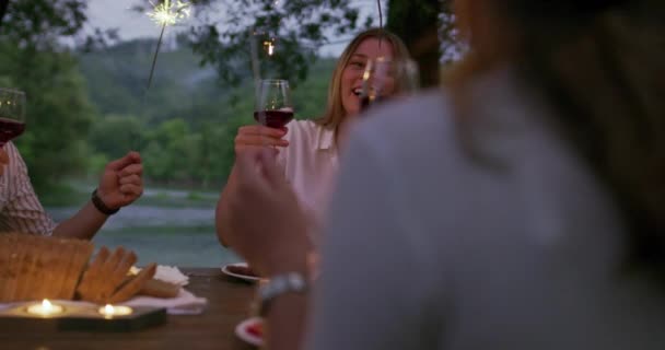 Youth friendship concept - Hands toasting red wine glass beside river at nightime — Stock Video