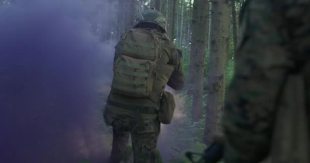 Voorzien van soldaten die door het rookbos trekken — Stockvideo