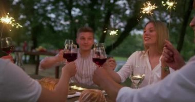 Bir grup mutlu arkadaş tatil tatilini fıskiyelerle kutluyor ve nehir kenarında Fransız pikniği yaparken kırmızı şarap içiyorlar. 