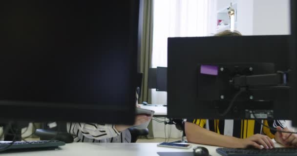 Zwei Lässig Gekleidete Junge Geschäftskollegen Bedienen Einen Computer Und Unterhalten — Stockvideo