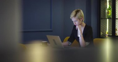 Kahve dükkanında dizüstü bilgisayarda çalışan iş kadını.