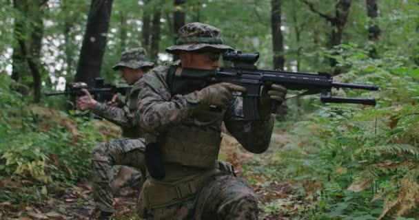 Group Soldiers Moving Smokey Forest Rifle Ready Shoot Running Forest — Stock Video
