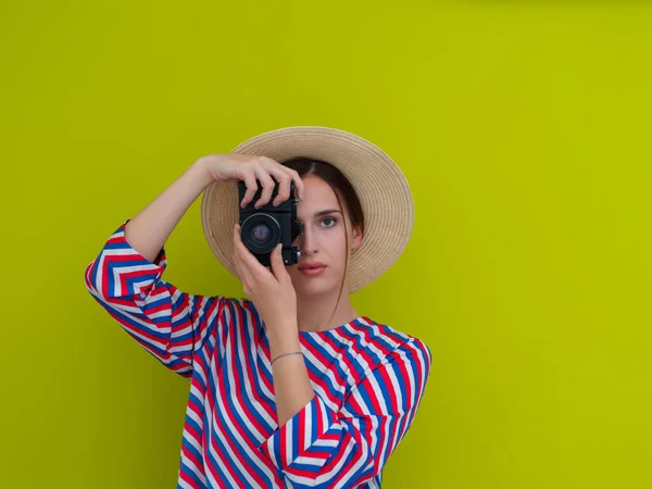 Portrait Belle Photographe Femelle Train Filmer Près Fromage Jeune Femme — Photo