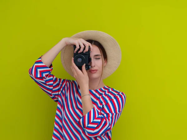 Portrait Beautiful Female Photographer Shooting Close Say Cheese Young Smiling — Stock Photo, Image