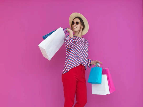Young Woman Shopping Bags Pink Background Happy Girl Posing New — Stock Photo, Image