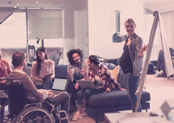 Schwangere Geschäftsfrau Leitet Kreatives Treffen Diverser Geschäftsteams Modernem Coworking Open — Stockfoto