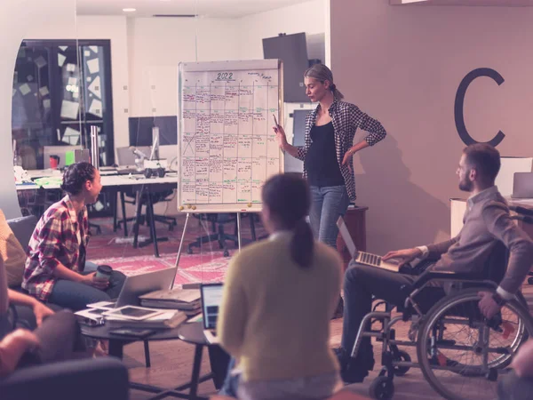 Une femme d'affaires enceinte dirige une réunion créative de l'équipe d'affaires dans un bureau ouvert de coworking moderne — Photo