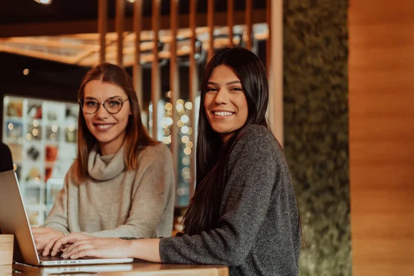 Twee jonge zakenvrouwen aan tafel in café. Meisje toont collega-informatie op laptop scherm. Meisje met smartphone, bloggen. Teamwork, zakelijke bijeenkomst. — Stockfoto