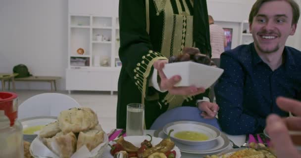 Muslim Family Having Dried Dates Snack Ramadan Iftar — Stock Video