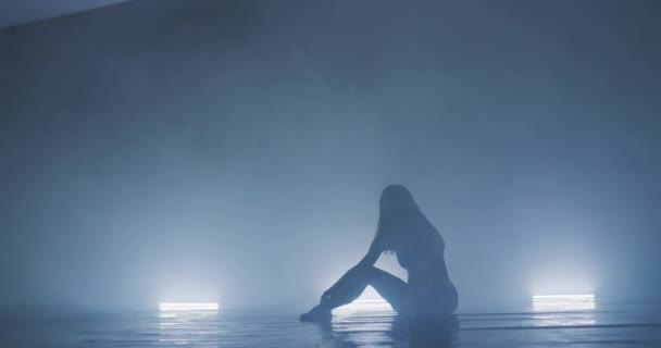当代芭蕾舞舞蹈家在烟熏的气氛中表演 在艺术舞蹈练习中表演纤细柔韧的舞蹈 — 图库视频影像