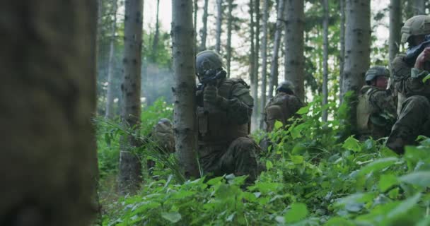 昼間は鬱蒼とした森の中にライフルを持っている兵士は 完全な戦術チームで基地を守るために待ち伏せ — ストック動画