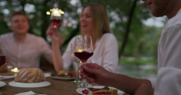 Csoport Boldog Barátok Ünnepli Nyaralás Segítségével Locsoló Ivás Vörösbor Miközben — Stock videók