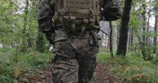 Soldados Totalmente Equipados Llevando Uniforme Camuflaje Moviéndose Través Denso Bosque — Vídeo de stock