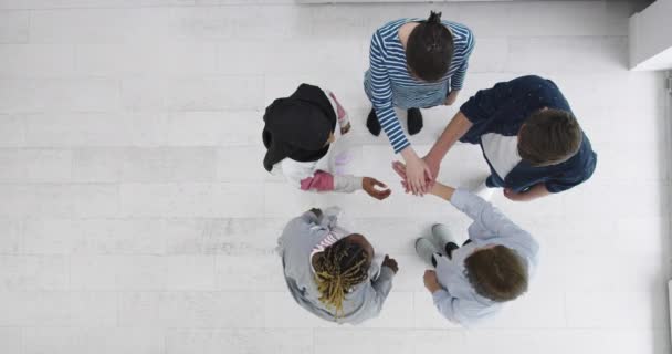 Grupo Multiétnico Amigos Círculo Estudiantes Actuando Como Equipo — Vídeos de Stock