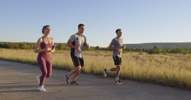 Grupo Multiétnico Atletas Corriendo Juntos Una Carretera Panorámica Del Campo — Vídeo de stock