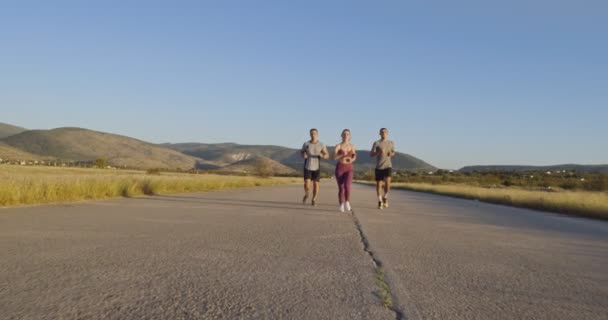 Grupo Multiétnico Atletas Correndo Juntos Uma Estrada Panorâmica Campo Equipe — Vídeo de Stock