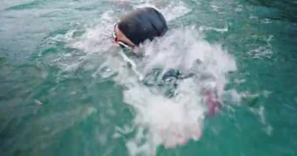 Triathlete Swim Workout Preparing Triathlon Competition Professional Swimmer Training Triathlon — Stock Video