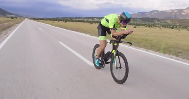 Triathlon Athlete Riding Professional Racing Bike Workout Curvy Country Road — Stock Video