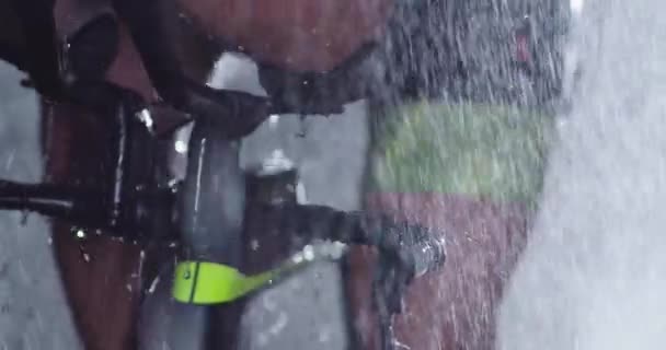Triathlon Athlete Riding Professional Racing Bicycle Intense Workout Dark Rain — Stock Video
