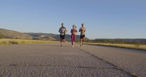 Grupo Multiétnico Atletas Corriendo Juntos Una Carretera Panorámica Del Campo — Vídeos de Stock