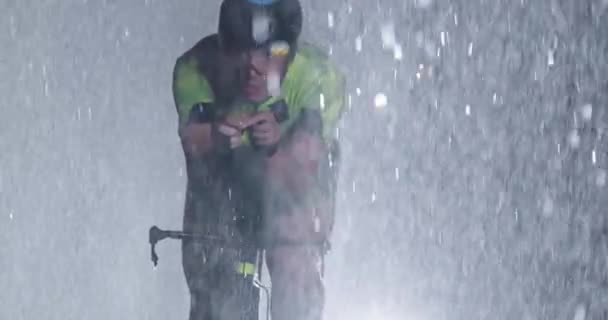 Triathlon Athlete Riding Professional Racing Bicycle Intense Workout Dark Rain — Stock Video