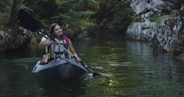 Kayak Rowing Slow Motion Kayaker Woman Man Kayaking Beautiful Landscape — Stock Video