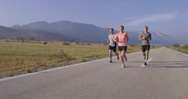 Multiethnische Gruppe von Athleten, die gemeinsam auf einer panoramischen Landstraße laufen. Vielfältiges Jogger-Team beim Morgentraining. — Stockvideo