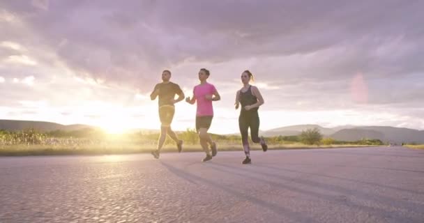 Multietnisk gruppe af atleter, der løber sammen på en panoramisk landevej. Diverse Team af joggere på morgen træning. – Stock-video