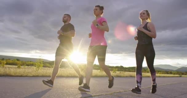 Wieloetniczna grupa sportowców biegających razem po panoramicznej wiejskiej drodze. Różnorodny zespół biegaczy na porannym treningu. — Wideo stockowe