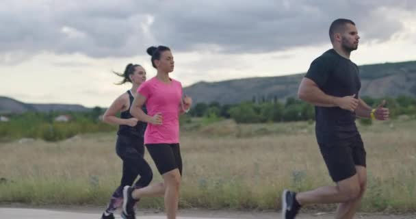 Wieloetniczna grupa sportowców biegających razem po panoramicznej wiejskiej drodze. Różnorodny zespół biegaczy na porannym treningu. — Wideo stockowe