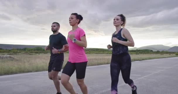 Multi-etnische groep atleten die samen rennen op een panoramische landweg. Divers team van joggers op ochtendtraining. — Stockvideo