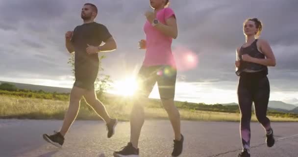 Multietnisk grupp idrottare som springer tillsammans på en panoramavägen. Diverse Team av joggare på morgonen träning. — Stockvideo