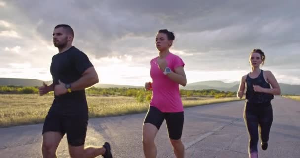 Többnemzetiségű sportolók csoportja, akik egy panorámás vidéki úton futnak össze. Diverzum csapat kocogók reggeli képzés. — Stock videók