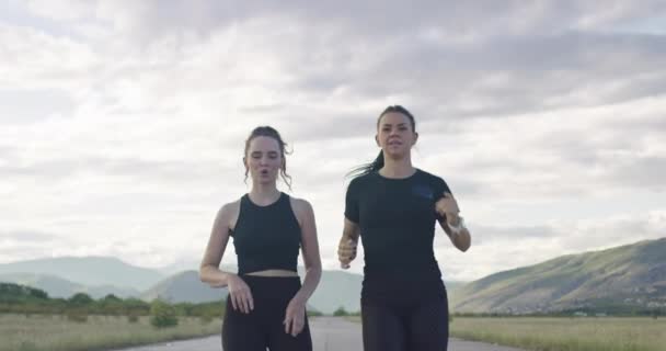 Duas mulheres descansam depois de correr e celebram o sucesso do treinamento respiram — Vídeo de Stock