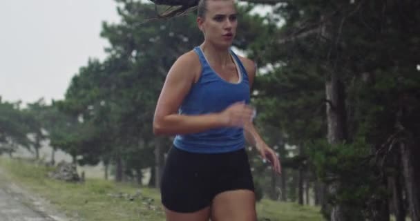 Slow motion tracking shot of a young woman in sportswear jogging through an evergreen forest on a country road on heavy rain. — Stock Video