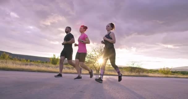 Grupul multietnic de sportivi care aleargă împreună pe un drum panoramic rural. Diverse echipe de joggggeri la antrenamentul de dimineață . — Videoclip de stoc