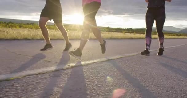 Groupe multiethnique d'athlètes circulant ensemble sur une route panoramique de campagne. Diverse équipe de joggeurs sur l'entraînement du matin. — Video