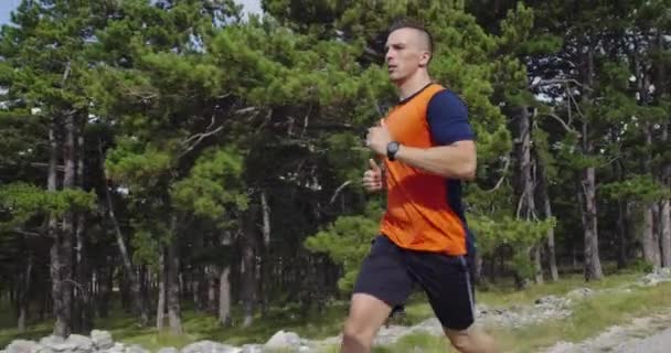 Tracking slow motion shot di coppia sportiva che fa jogging all'aperto al mattino, trail running esperienza nella natura. Stile di vita sano concetto. — Video Stock