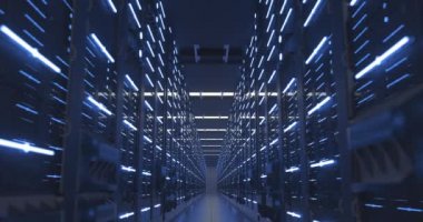 Data Center Computer Racks In Network Security Server Room or Cryptocurrency Mining Farm