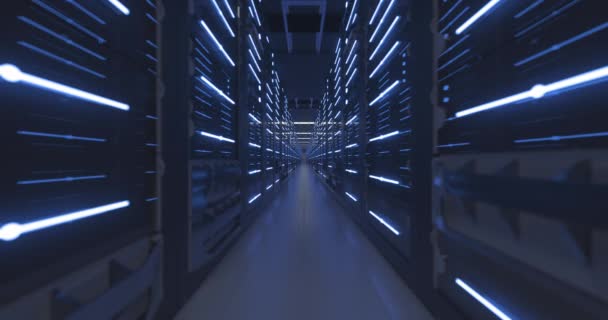 Bastidores de computadora del centro de datos en la sala de servidores de seguridad de red o la granja de minería criptomoneda — Vídeos de Stock
