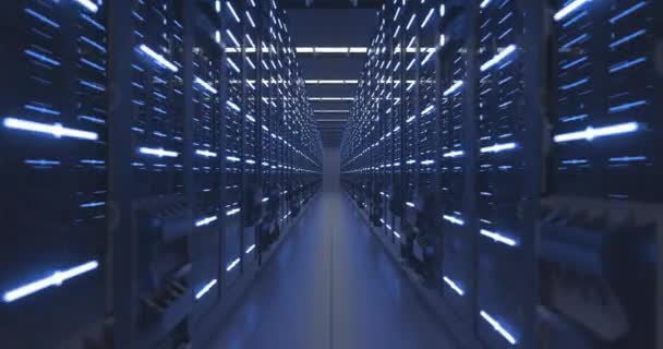 Bastidores de computadora del centro de datos en la sala de servidores de seguridad de red o la granja de minería criptomoneda — Vídeos de Stock