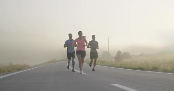 Grupo Multiétnico Atletas Correndo Juntos Uma Estrada Panorâmica Campo Equipe — Vídeo de Stock