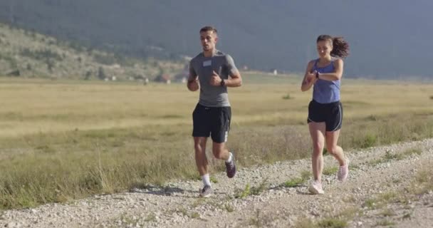 Grupo Multiétnico Atletas Corriendo Juntos Una Carretera Panorámica Una Corredora — Vídeos de Stock