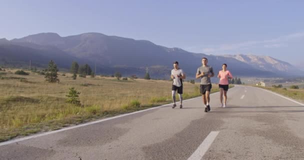 多种族的运动员在全景乡间道路上共同跑步 不同的慢跑队在早上的训练 高质量的镜头 慢动作跟踪镜头 有选择的重点 — 图库视频影像