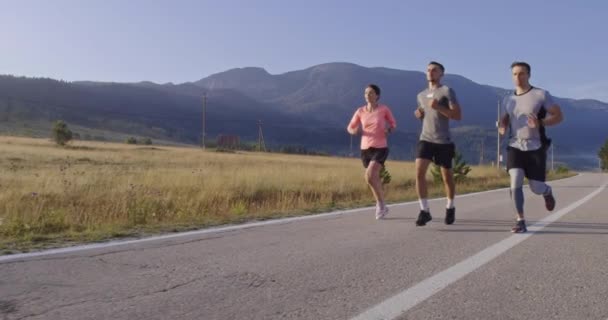 Grupo Multiétnico Atletas Corriendo Juntos Una Carretera Panorámica Del Campo — Vídeo de stock