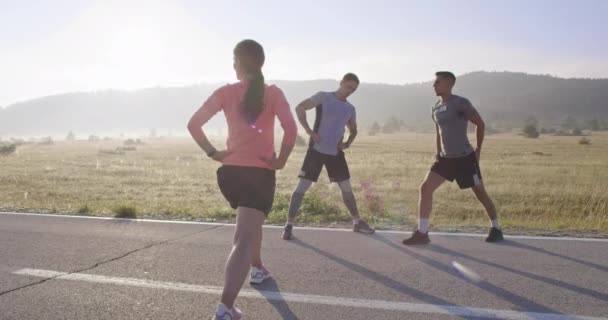 Verschiedene Athleten Dehnen Und Wärmen Sich Gemeinsam Auf Einer Panoramastraße — Stockvideo