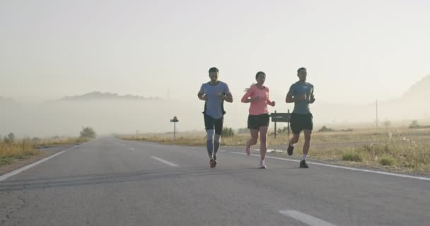 Grupo Multiétnico Atletas Corriendo Juntos Una Carretera Panorámica Del Campo — Vídeo de stock
